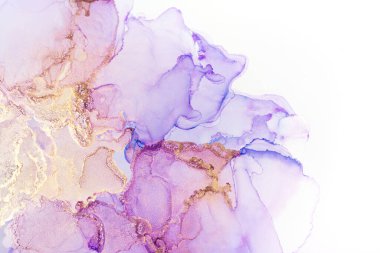 Beyaz, modaya uygun duvar kâğıdına karışık mor ve altın soyut doku yakın plan. Tasarım projesi için arka plan olarak davetiye veya tebrik kartları, el ilanı, poster, sunum, ambalaj kağıdı