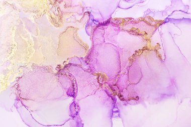 Beyaz, modaya uygun duvar kâğıdına karışık mor ve altın soyut doku yakın plan. Tasarım projesi için arka plan olarak davetiye veya tebrik kartları, el ilanı, poster, sunum, ambalaj kağıdı