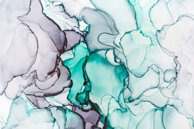 Beyaz, modaya uygun duvar kağıdındaki karışık turkuaz ve gri soyut dokunun yakın çekimi. Tasarım projesi için arka plan olarak davetiye veya tebrik kartları, el ilanı, poster, sunum, ambalaj kağıdı