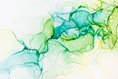 Beyaz, modaya uygun duvar kağıdındaki karışık turkuaz ve yeşil soyut dokuya yakın çekim. Tasarım projesi için arka plan olarak davetiye veya tebrik kartları, el ilanı, poster, sunum, ambalaj kağıdı