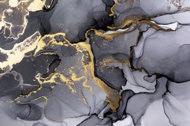 Siyah ve altın soyut mermer dokuya yakın çekim, modaya uygun duvar kağıdı. Tasarım projesi için arka plan olarak davetiye veya tebrik kartları, el ilanı, poster, sunum, ambalaj kağıdı