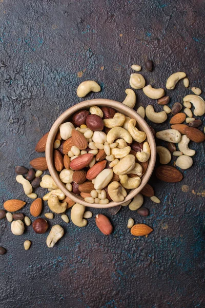 Top View Bowl Almond Hazelnut Walnut Peanut Cashew Pine Nuts — Stock Photo, Image