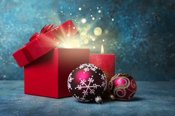 Beautiful Red Square Gift Box Shiny Satin Bow Present Magic — Stock Photo, Image