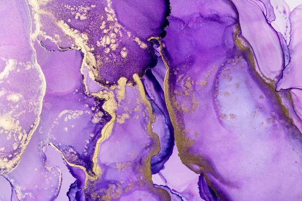 Closeup Purple Shiny Golden Alcohol Ink Abstract Texture Trendy Wallpaper — Stock Photo, Image
