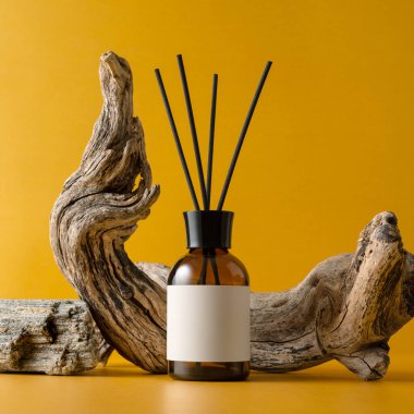 Sarı arka planda ağaç dalları olan kehribar cam kamış ayırıcı. Doğal aromaterapi, ev parfümü, rahatlama, sürdürülebilir yaşam tarzı ve minimalist markalaşma için çevre tasarımı modeli.