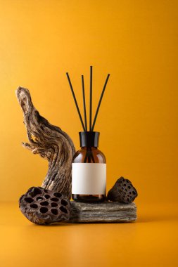 Aroma yayıcı kahverengi cam şişe çubuklar, sürüklenen odun ve kurutulmuş nilüfer tohumları turuncu arka planda, minimalist natüralist doğal dokular ve refah konsepti ile yaşam.
