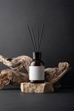 Kahverengi cam aroma yayıcı, kamış çubukları ve siyah arka planda sürüklenen ağaç dalları, minimalist durgun yaşam bileşimi, doğal dokular ve sağIık kavramı.