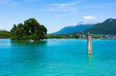 Kristal berraklığında su bir baba ve kuğu ada Haute-Savoie Fransa'da gösterilen Annecy göl manzaralı görünüm