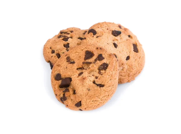 Högen Tre Hemmagjord Double Chocolate Chip Cookies Isolerad Vit Bakgrund — Stockfoto