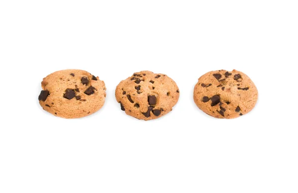 Three Homemade Double Chocolate Chip Cookies Isolated White Background — Stock Photo, Image