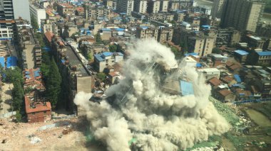 Downtown building demolition by controlled implosion in China clipart