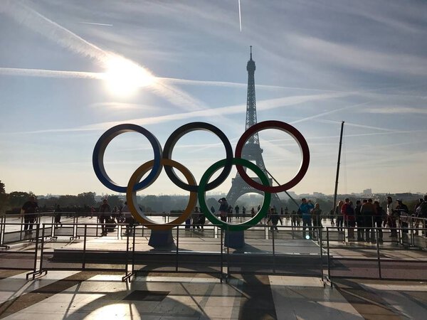 Paris France, 23 September 2017: Olympic games symbol on Trocadero place in front of the Eiffel Tower celebrating Paris 2024 summer Olympics