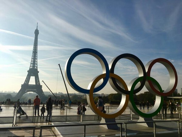 Paris France, 23 September 2017: Olympic games symbol on Trocadero place in front of the Eiffel Tower celebrating Paris 2024 summer Olympics