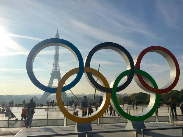Paris France, 23 September 2017: Olympic games symbol on Trocadero place in front of the Eiffel Tower celebrating Paris 2024 summer Olympics