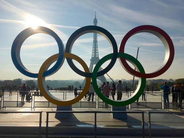 Paris France, 23 September 2017: Olympic games symbol on Trocadero place in front of the Eiffel Tower celebrating Paris 2024 summer Olympics