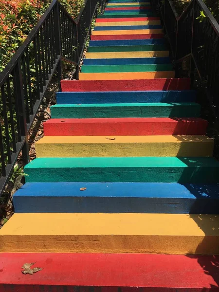 Red Yellow Blue Green Painted Outdoor Multicolors Steps Black Barrier — Stock Photo, Image