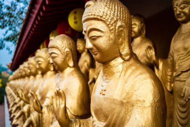 Close-up view of statues of golden standing Buddha at Fo Guang Shan Monastery in Kaohsiung Taiwan clipart
