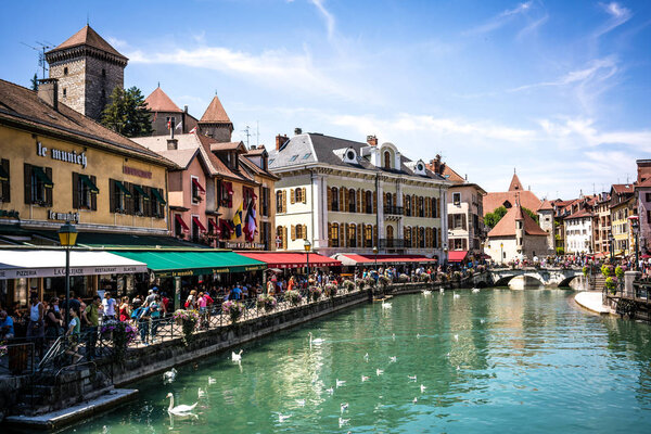 7 August 2018, Annecy France : Annecy cityscape wih Thiou river view bridge and palais de l isle in bakcground
