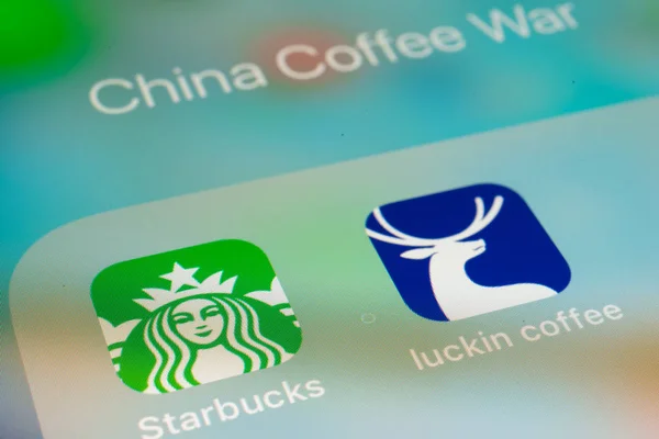 Octubre 2018 Wuhan China Starbucks Café Luckin Coffee Iconos Aplicaciones — Foto de Stock