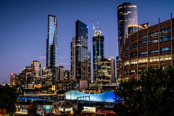 2019 Január Melbourne Ausztrália Melbourne Városára Alkonyatkor Folyóparti Quay Épületek — Stock Fotó