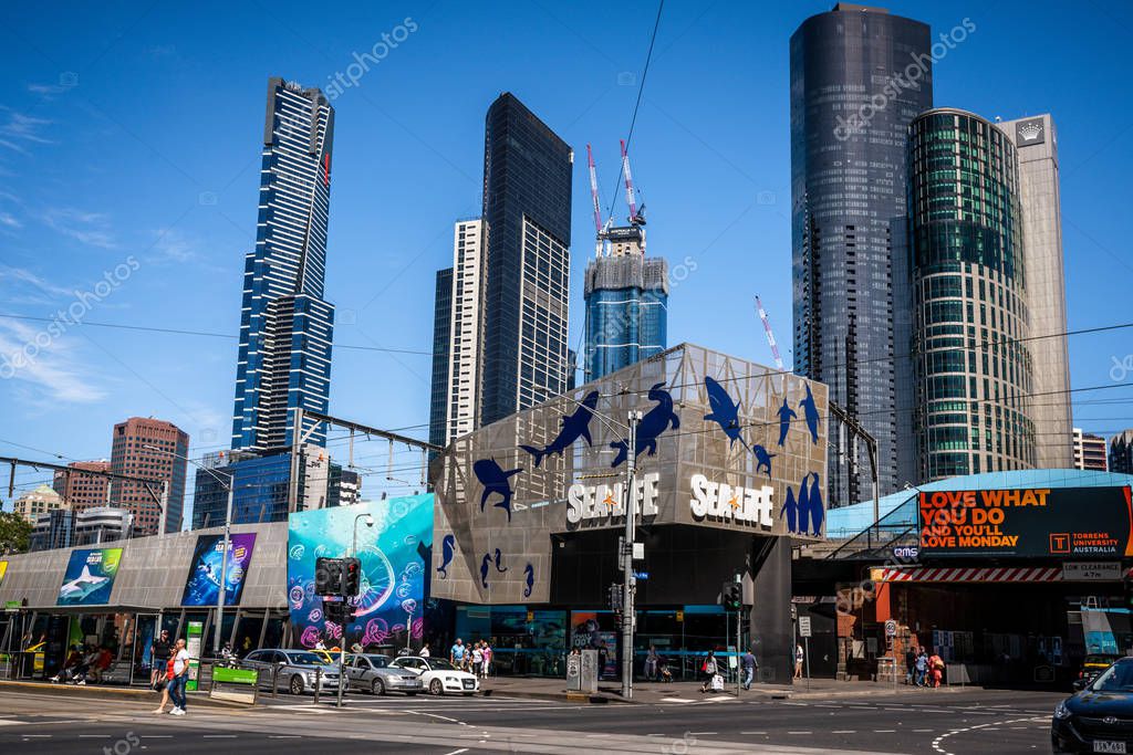 2nd January 2019, Melbourne Australia : Front view of Sea life Melbourne Aquarium and Melbourne southbank skyline in background in Victoria Australia