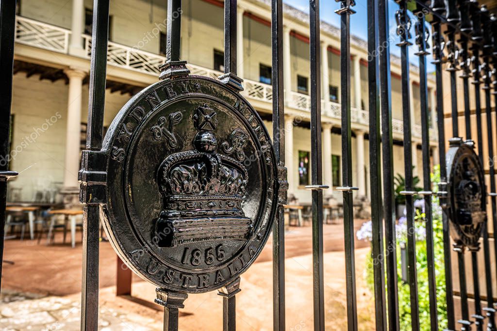 Details of the Sydney Mint fence the oldest public building in Sydney written the name and 1855 year in NSW Australia