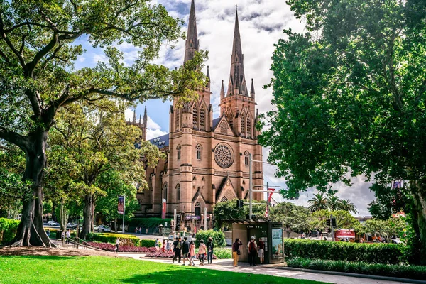 Facade view of St. Mary's Cathedral from Hyde park with trees fr — Stock Photo, Image