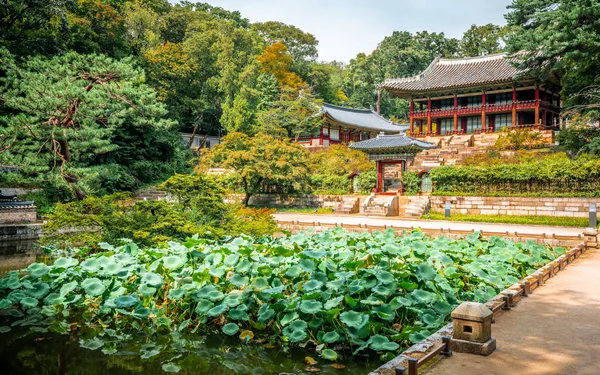 Huwon vista secreta del jardín en el palacio de Changdeokgung con vista de Bu — Foto de Stock