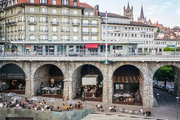 Лозанна Швейцария Июня 2020 Les Arches Bar Terrace Full People — стоковое фото