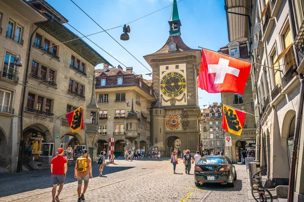 Bern Switzerland June 2020 Old Street View Tourists Flags Zytglogge — Stock Photo, Image