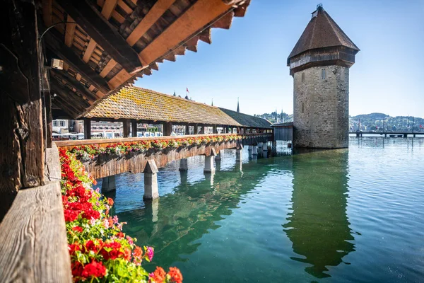 Lucerne Swiss Juni 2020 Jembatan Kapel Dengan Pemandangan Bunga Dan — Stok Foto