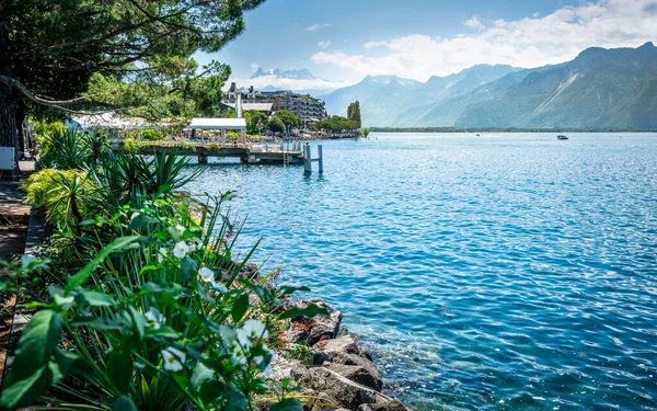 Orilla Montreux Con Flores Vista Lago Ginebra Con Montañas Los — Foto de Stock