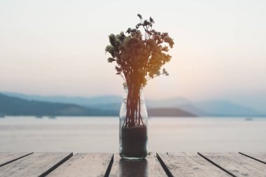 Cam sürahi veya şişe üzerinde ahşap masa arkasında dağ ve deniz görünümü arka plan bulanık günbatımı üzerinde kuru çiçekler Buket. Vazo ile dramatik akşam şafak doğal tablo açık dekorasyon.