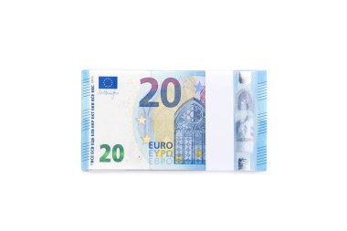 Finans, bankacılık ve iş için beyaz arka plan üzerinde izole 20 euro faturaları yığını. 20 euro para banknot yığını.