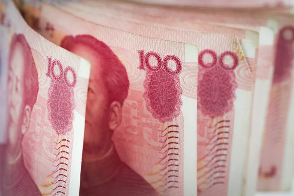 Closeup Yuan Chinês Conta Moeda China Foco Seletivo Pilha Cem — Fotografia de Stock