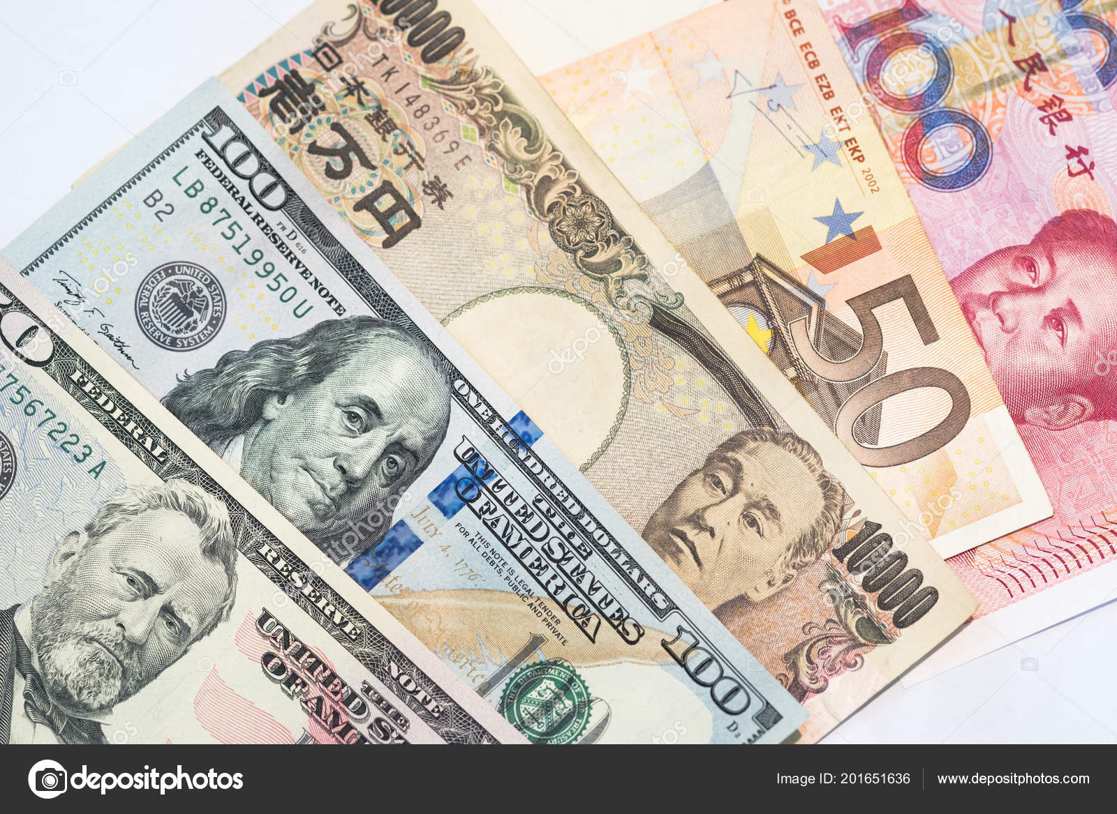 货币和货币交易的概念人民币日元纸币等不同国家的各种货币在白色背景下被孤立—— 库存社论照片© cherayut000 #201651636