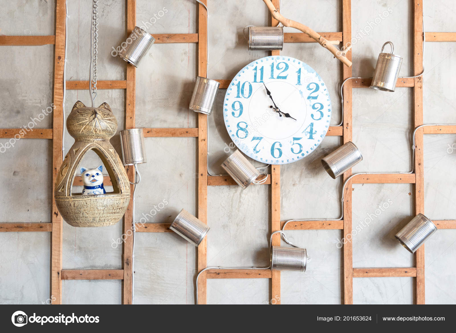 Vintage Clock Bare Concrete Wall Wooden Frame Line Background Vintage Clock Bare Concrete Wall Wooden Frame Line Background Decorated Stock Photo