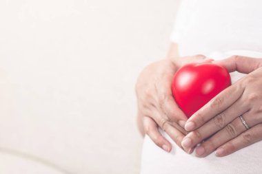 Genç ve aşk kırmızı kalp el karnının önünde tutan mutlu hamile kadın. Annenin kalp sağlık, umut ve bekliyor, insanlar, ebeveynlik, Aile ve sağlık kavramı.