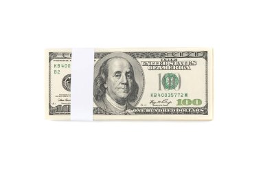 Beyaz arka plan üzerinde izole yüz bize para para yığını. Dolar Döviz Alım Lirası yığını.