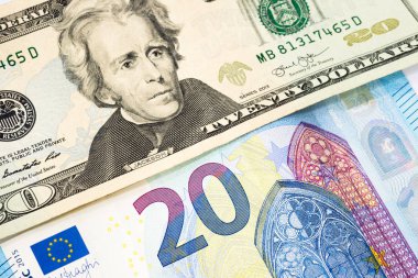 Dolar ve euro banknot arka planda Döviz, Döviz Ticaret, ekonomik rekabet ve Amerika ve Avrupa arasındaki ilişki kavramı.