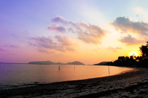 Silhouette Von Kokospalmen Strand Bei Tropischem Goldenem Sonnenuntergang Mit Blauem — Stockfoto