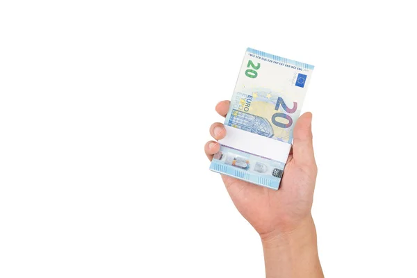 クリッピング パスと白い背景で隔離 ユーロ紙幣のスタックを持っている手 一方で ユーロのお金の山し 両替の概念であなたに与えること 銀行と貯蓄 — ストック写真