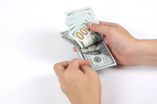 Empresario Contando Cien Billetes Dinero Dólares Estadounidenses Sobre Fondo Blanco — Foto de Stock