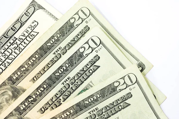 二十和100美元钞票被隔绝在白色背景为商业和财务概念 — 图库照片