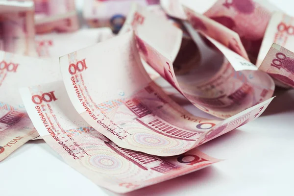 Vértes Kínai Jüan Számlák Asztalra Jüan Pénzneme Kína Szelektív Összpontosít — Stock Fotó