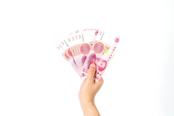 Mão Segurando Notas Yuan Chinês Fundo Branco Feche Mão Humana — Fotografia de Stock