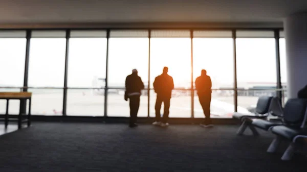 Silhouette Group Passenger Waiting Flight Departure Destination Airport Terminal Evening — Stock Photo, Image