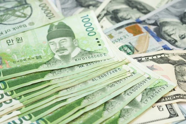 Korean Won Dollar Bills Money Background Concepts Foreign Money Exchange — Stock Photo, Image