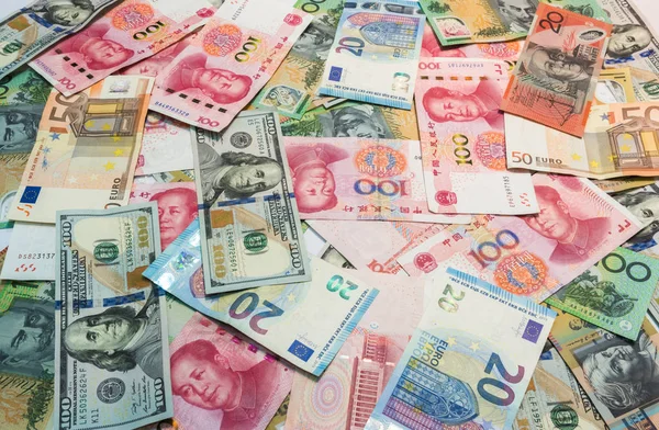 Principais Moedas Mundo Dólar Americano Euro Dinheiro Dólar Australiano Yuan — Fotografia de Stock