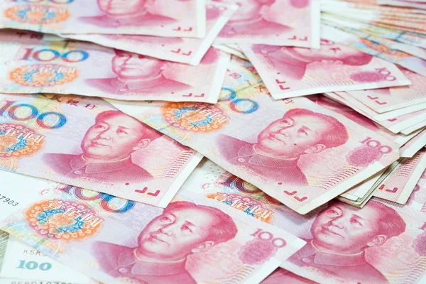 Cölöp Ból Sok Száz Kínai Jüan Bankjegyek Táblázat Kínai Valuta — Stock Fotó